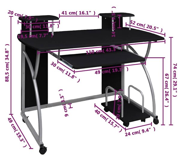 Fekete szerelt fa számítógépasztal 110 x 52 x 88,5 cm