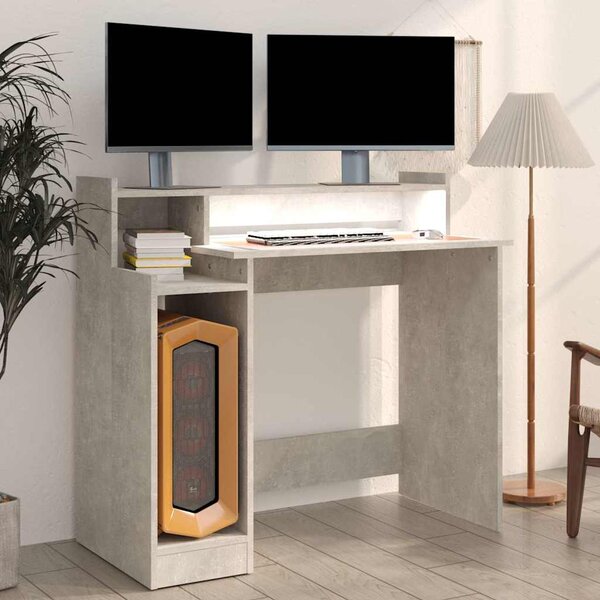 Betonszürke szerelt fa íróasztal LED-ekkel 97 x 45 x 90 cm