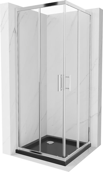 Mexen Rio, szögletes zuhanykabin tolóajtóval 80 x 80 cm, 5mm átlátszó üveg, króm profil + fekete zuhanytálca, 860-080-080-01-00-4070