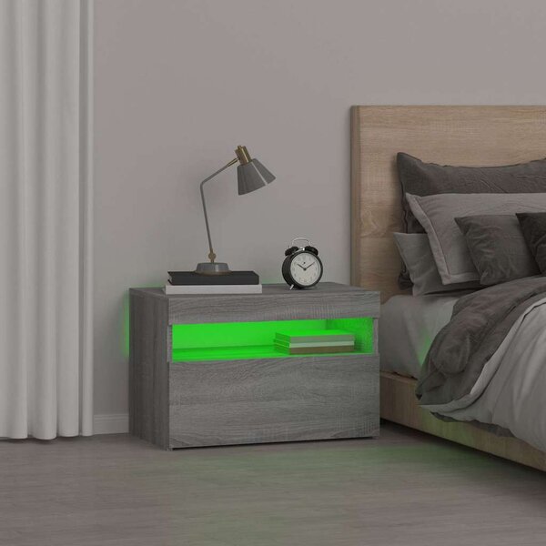 Szürke sonoma színű éjjeliszekrény LED világítással 60x35x40 cm
