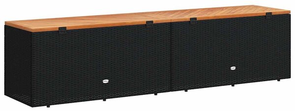 Fekete polyrattan és akácfa kerti tárolóláda 220 x 50 x 54 cm