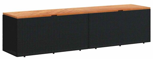 Fekete polyrattan és akácfa kerti tárolóláda 220 x 50 x 54 cm