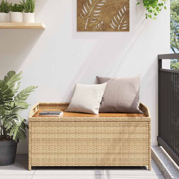 Bézs polyrattan és akácfa tárolópad 100 x 50 x 52 cm