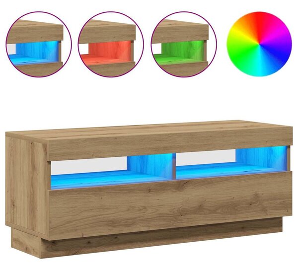 Kézműves tölgy szerelt fa TV-szekrény LED-ekkel 100x35x40 cm