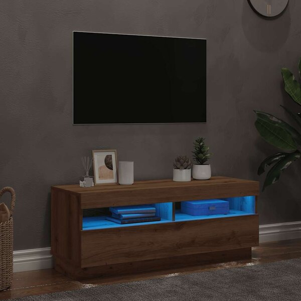 Kézműves tölgy szerelt fa TV-szekrény LED-ekkel 100x35x40 cm