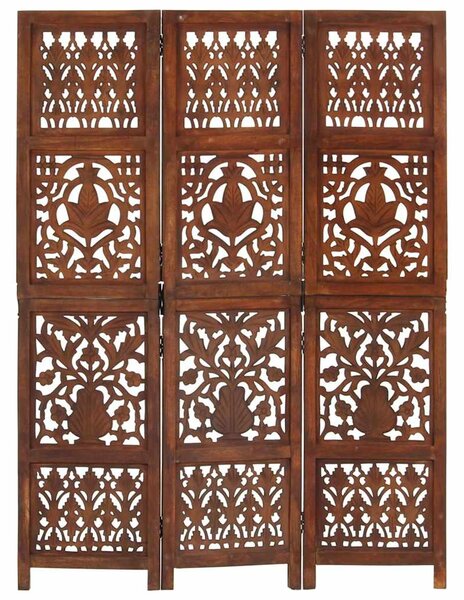 3-paneles barna mangófa kézzel faragott térelválasztó 120x165cm