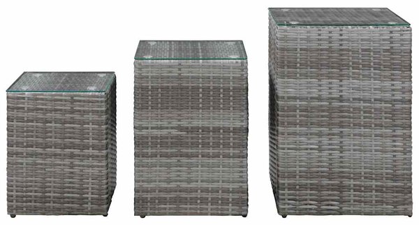 3 db szürke polyrattan kisasztal üveg asztallappal