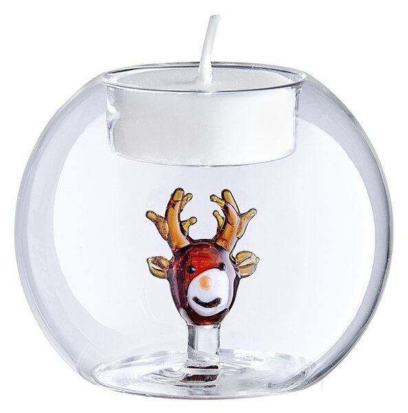 MERRY BRIGHT üveg gyertyatartó gömb Ø8cm , rénszarvas