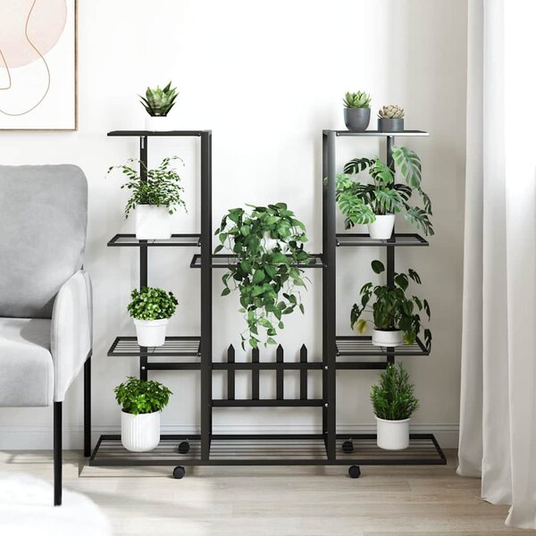 Fekete vas virágtartó állvány kerekekkel 94,5 x 24,5 x 91,5 cm