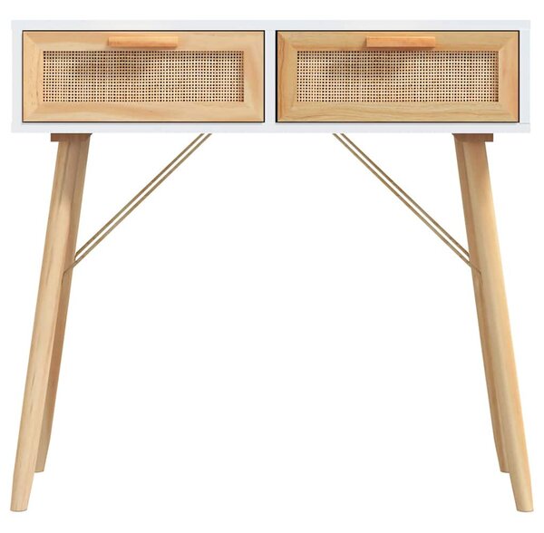Fehér tömör fenyő és természetes rattan tálaló 80x30x75 cm