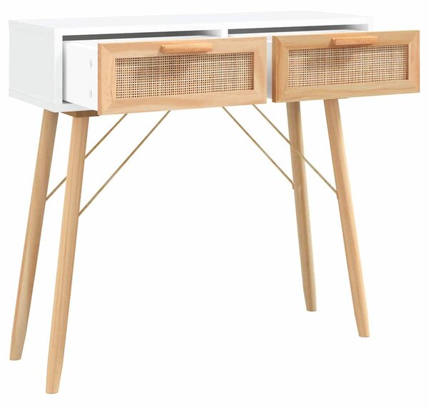 Fehér tömör fenyő és természetes rattan tálaló 80x30x75 cm