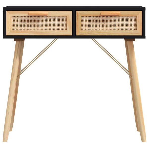 Fekete tömör fenyő és természetes rattan tálaló 80x30x75 cm