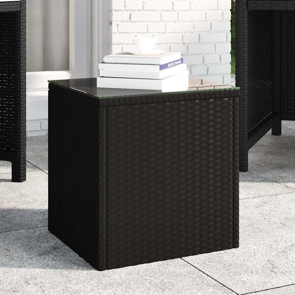 Fekete polyrattan és edzett üveg kisasztal 40 x 37 x 40,5 cm