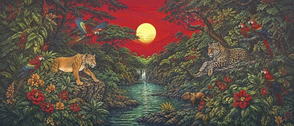 Fotótapéta Festmény, amelyen egy folyó, egy vízesés és egy tigris látható, Természet fotótapéta, Népszerű fotótapéta, t01030 - Tapeko.hu