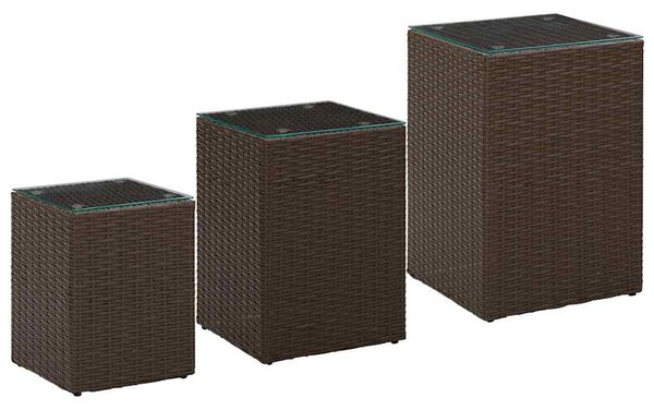 3 db barna polyrattan kisasztal üveg asztallappal