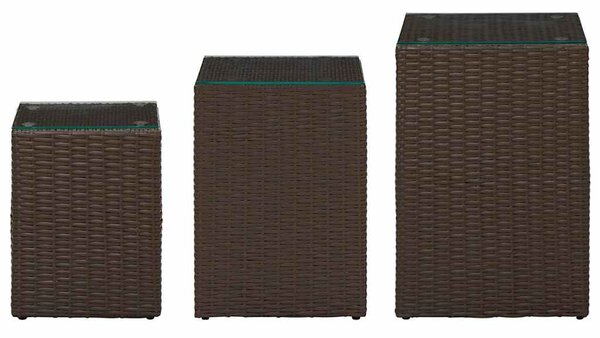 3 db barna polyrattan kisasztal üveg asztallappal