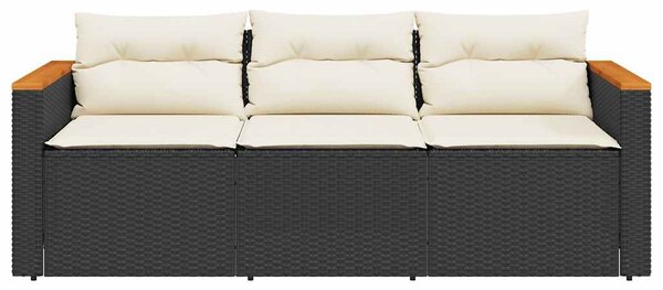 Fekete 3 személyes polyrattan kerti kanapé párnákkal