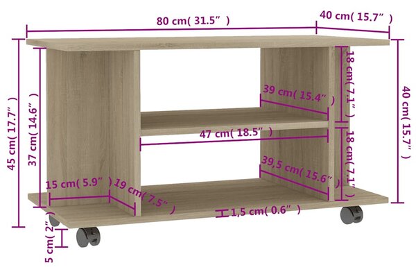 Sonoma tölgy színű szerelt fa TV-szekrény görgőkkel 80x40x45 cm
