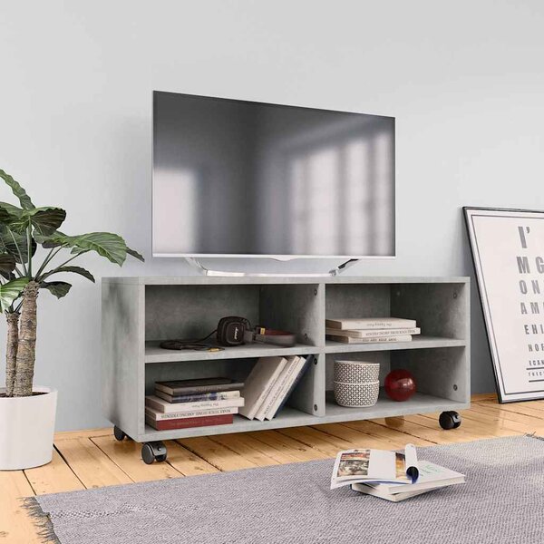 Betonszürke szerelt fa TV-szekrény görgőkkel 90 x 35 x 35 cm