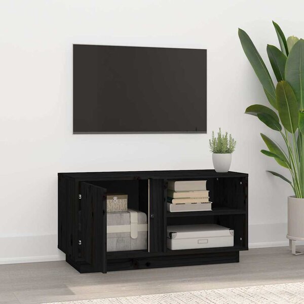 Fekete tömör fenyőfa TV-szekrény 80 x 35 x 40,5 cm