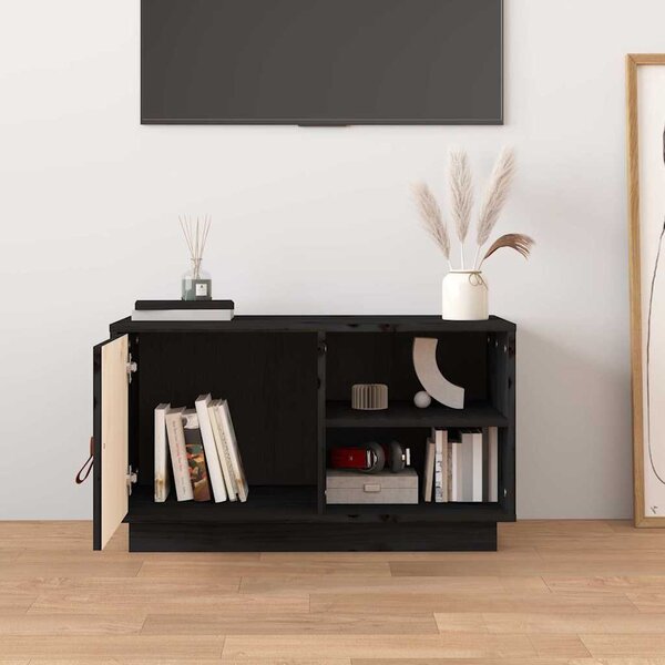 Fekete tömör fenyőfa TV-szekrény 70 x 34 x 40 cm