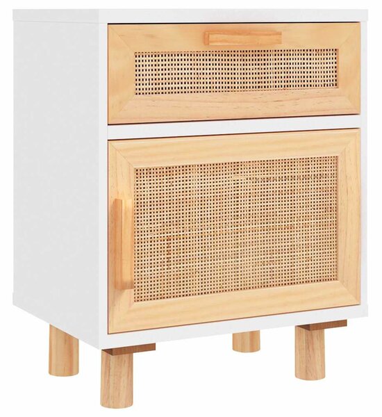 Fehér tömör fenyőfa és természetes rattan éjjeliszekrény