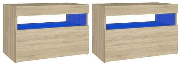2 db sonoma tölgyszínű éjjeliszekrény LED-lámpákkal 60x35x40 cm