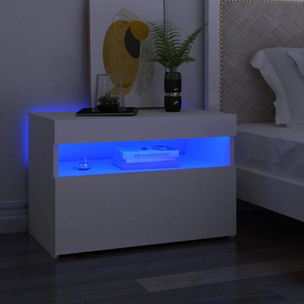 Fehér éjjeliszekrény LED-lámpákkal 60x35x40 cm szerelt fa