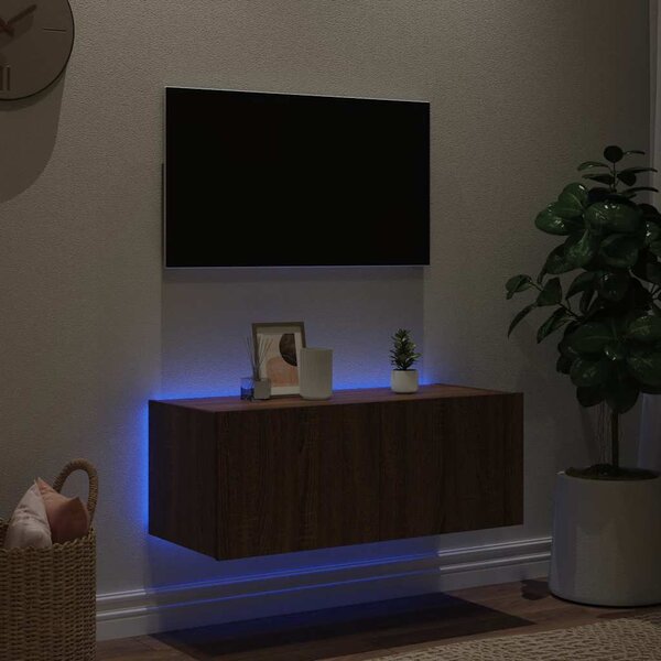 Barna tölgyszínű fali TV-szekrény LED-del 80x35x31 cm