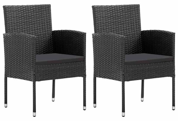 2 db fekete polyrattan kerti szék fekete párnákkal