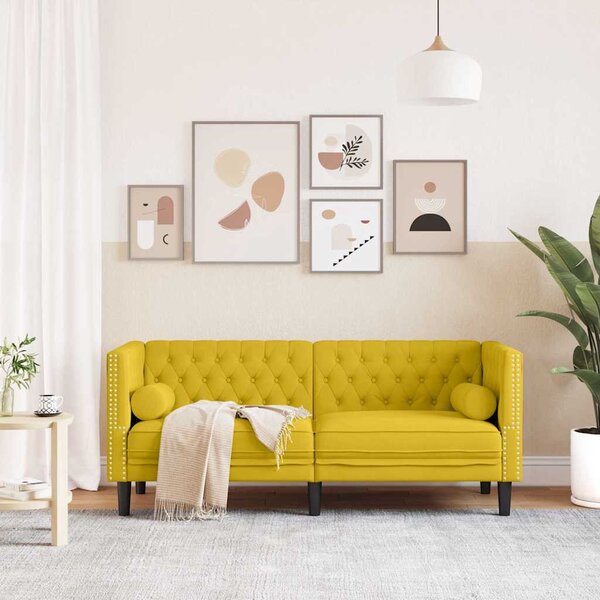 2 személyes sárga bársony Chesterfield kanapé hengerpárnákkal