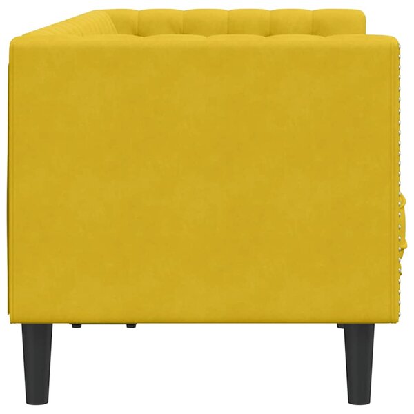 2 személyes sárga bársony Chesterfield kanapé hengerpárnákkal