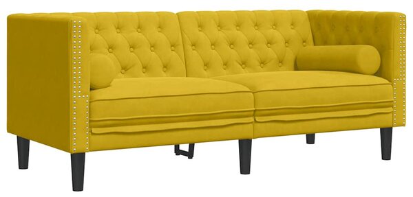 2 személyes sárga bársony Chesterfield kanapé hengerpárnákkal