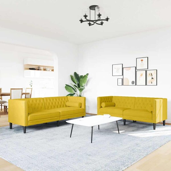 2 részes sárga bársony Chesterfield kanapészett hengerpárnákkal