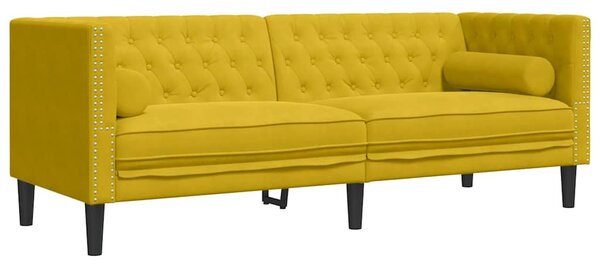 2 részes sárga bársony Chesterfield kanapészett hengerpárnákkal