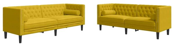2 részes sárga bársony Chesterfield kanapészett hengerpárnákkal