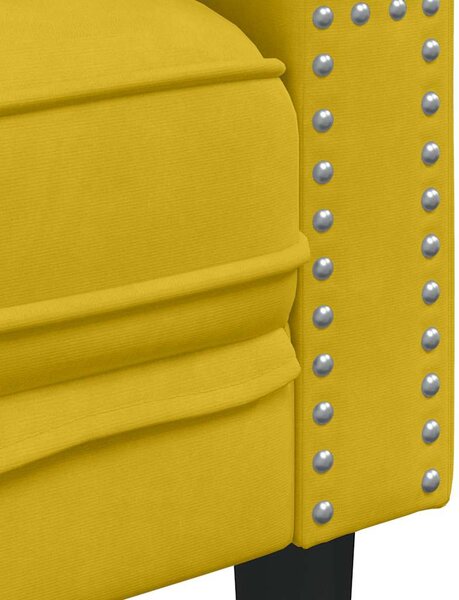 2 részes sárga bársony Chesterfield kanapészett hengerpárnákkal