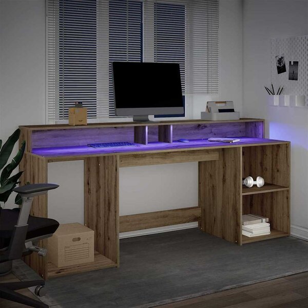 Kézműves tölgy színű szerelt fa LED-es íróasztal 200x55x91 cm
