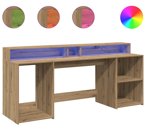 Kézműves tölgy színű szerelt fa LED-es íróasztal 200x55x91 cm