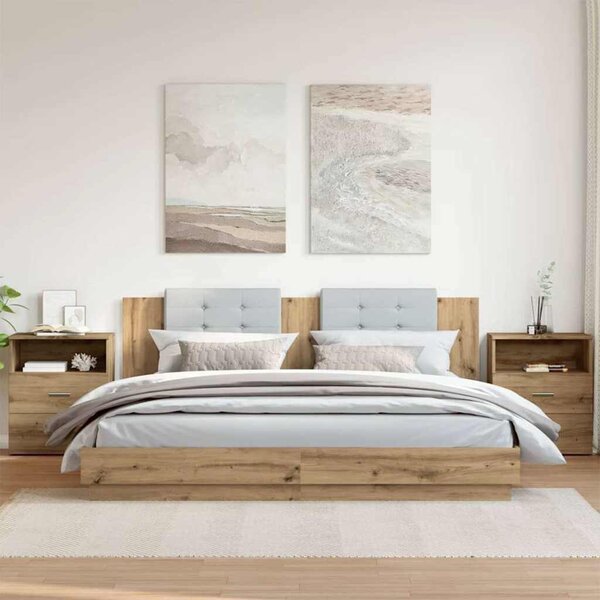 2 db kézműves tölgy színű szerelt fa éjjeliszekrény 50x32x60 cm