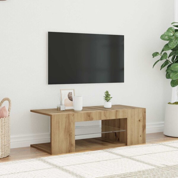 Kézműves tölgy szerelt fa TV-szekrény LED-ekkel 90x39x30 cm