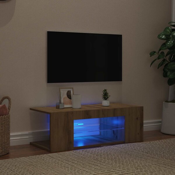 Kézműves tölgy szerelt fa TV-szekrény LED-ekkel 90x39x30 cm