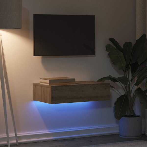 Kézműves tölgy színű TV-szekrény LED-lámpákkal 60x35x15,5 cm