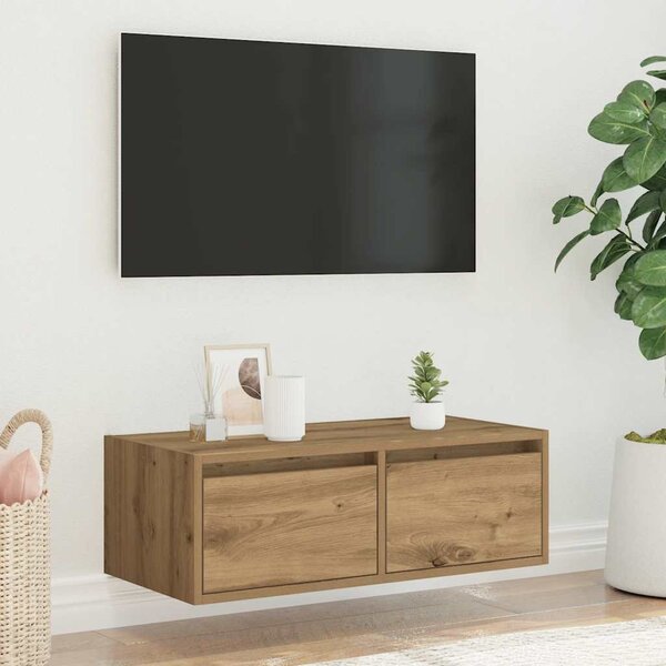 Kézműves tölgy színű TV-szekrény LED-lámpákkal 75x35,5x25 cm