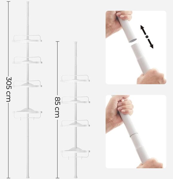 Állítható teleszkópos fürdőszobai sarokpolc, 85-305 cm