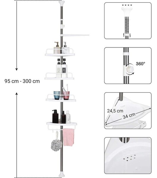 Állítható fürdőszoba sarokpolc, teleszkópos zuhanypolc, 95-300 cm
