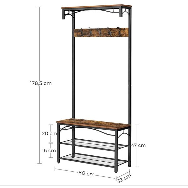 Előszoba fogas polccal, fcipőtartóval és ülőkével 80 x 32 x 178 cm, rusztikus barna