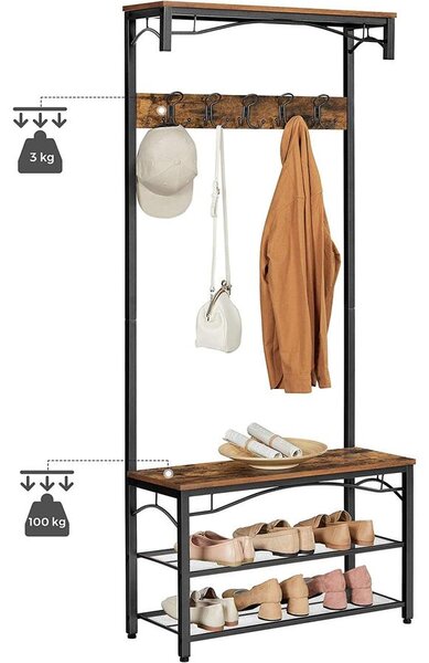 Előszoba fogas polccal, fcipőtartóval és ülőkével 80 x 32 x 178 cm, rusztikus barna