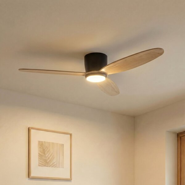 Lignia LED mennyezeti ventilátor, fekete/fa, CCT, dimmelhető, Ø 132 cm, DC – Lucande, Lignia, dimmable, Fa, Nappali, Fa, Skandináv