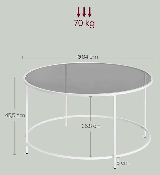 Kerek dohányzóasztal 84 x 45,5 cm, üvegasztal acél vázzal, fehér és szürke üveg